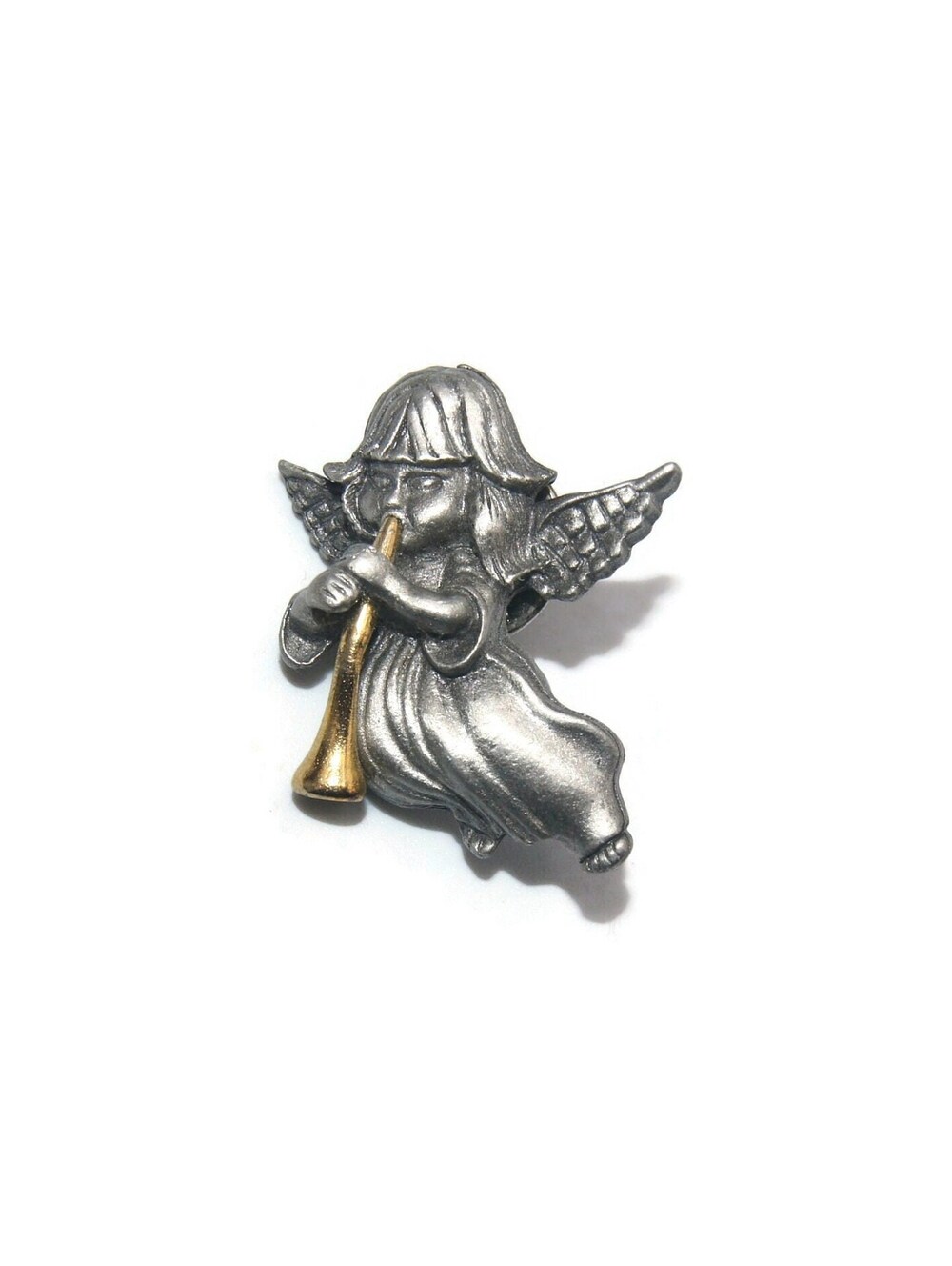 Vintage Pewter and Gold Tone Angel Blowing Horn Lapel Pin.